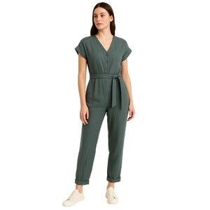 Jigsaw Jumpsuit Womens Size 8‎ Green Casual Linen VNeck Belted RollSleeve